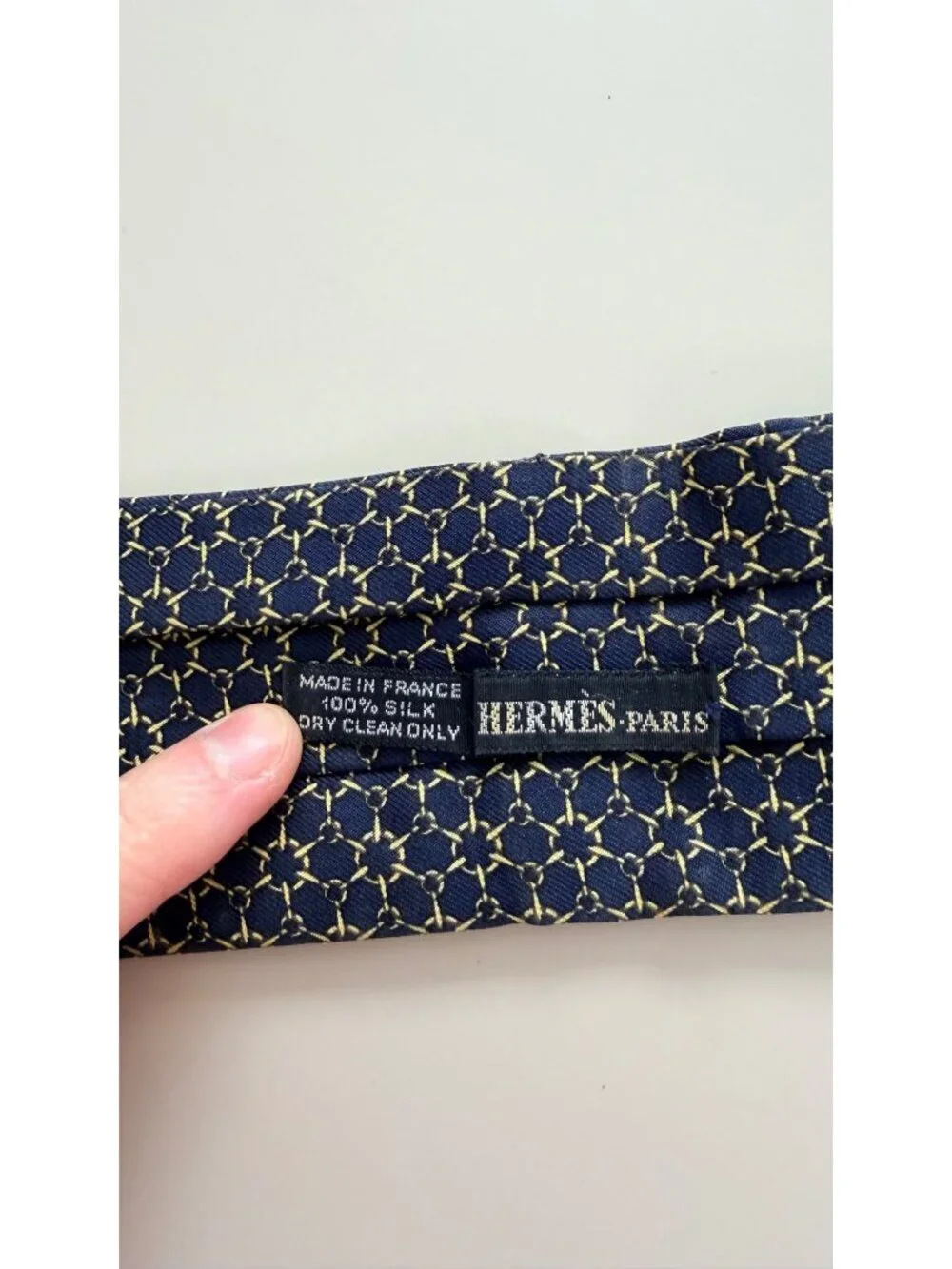 Hermès Navy & Gold Silk Scarf Ascot Tie With Geometric Equestrian Pattern France